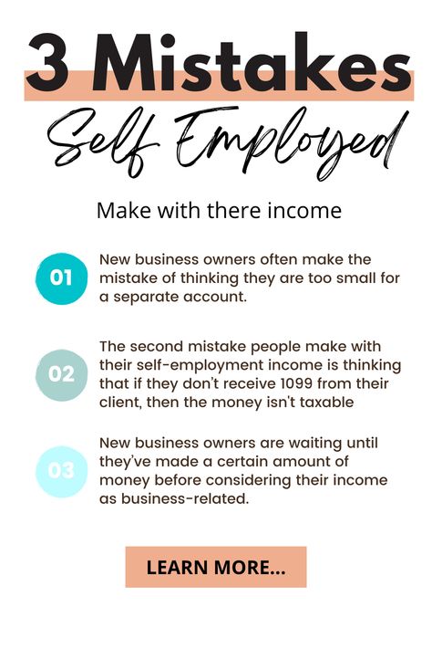 What self-employed people need to know about taxes!I ME Bookkeeping If you’re unsure of the type and amount that should be tracked for your taxes, don’t worry! There are many new business owners who feel similarly. Learn more about 3 Mistakes Business Owners make with Self-Employment Income. #self employed #bookkeeping #small business #taxes Taxes For Self Employed, Small Business Accounting Tips, Budgeting Finances Self Employed, Business Taxes Self Employment, Self Employment Taxes, Self Employment Tax Deductions, Self Employed Taxes, Small Business Taxes For Dummies, Tax Write Offs For Small Business