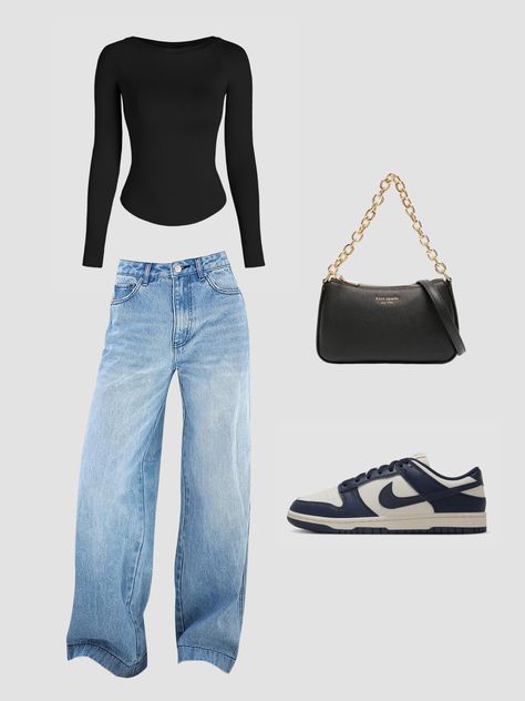 cute black top, blue jeans, black bag, nike shoes, aesthetic outfit Shoes Aesthetic Outfit, Casual Wide Leg Jeans, Fashion Boyfriend, Black Top Outfit, Long Pants Fashion, Black Baggy Jeans, Jean Fits, Blue Jean Outfits, Baggy Trousers