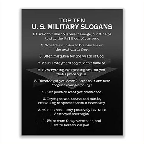 AmazonSmile: "Top Ten U.S. Military Slogans"-Patriotic Wall Art- 8 x 10" Typographic Print w/Stealth Bomber Image-Ready To Frame. Home-Office-Garage-Cave-Military Decor. Perfect Gift for Veterans! : Handmade Products Military Office, Patriotic Wall Art, Military Decor, Patriotic Wall, Military Special Forces, Office Garage, Typographic Print, Military Photos, Gifts For Veterans