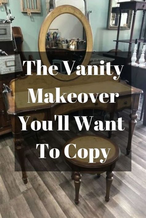 Give your thrift store second hand vanity a whole new farmhouse vintage glam look! This diy upcycle tutorial will give you confidence to transform your furniture with ease. #diy #diyhomedecor #furniture #furnitureupdate #upcycledfurniture #farmhouse #glamourous #farmhouse chic #vanity #makeover #hometalk Diy Vanity Painting Ideas, Upcycled Makeup Vanity, Vanity Table Makeover, Makeup Vanity Makeover Diy, Vanity Diy Makeover, Painted Vanity Makeup, Vintage Vanity Ideas Bedroom, Vanity Redo Ideas, Vanity Refurbished Diy