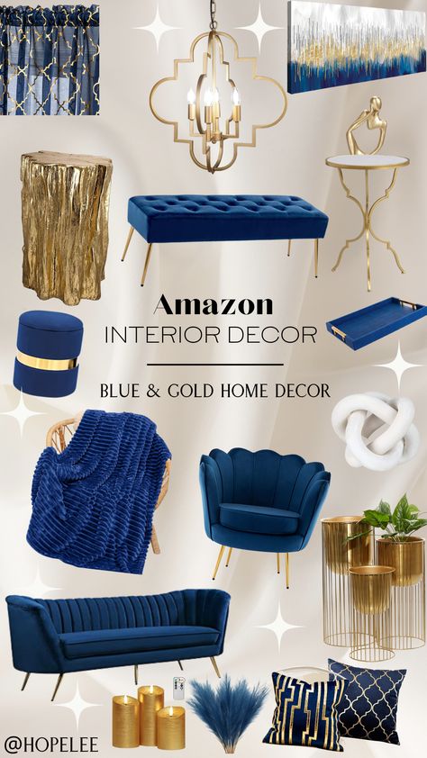 Gold Blue Living Room Decor, Blue Decor Bedroom Ideas, Living Room Blue Designs, Midnight Blue Home Decor, Navy Blue And Gold Room Bedrooms, Navy Blue Gold And Silver Living Room, Royal Blue Gold Living Room, Navy And Gold Guest Bedroom, Royal Blue And Gray Bedroom Ideas