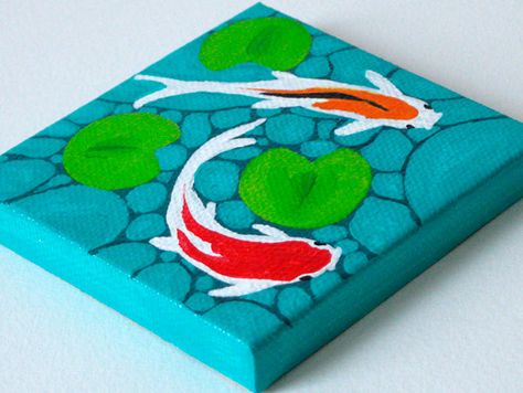 Mini Canvas Art Ideas, Painting Mini Canvas, Watercolor Resist, Canvas Art Ideas, Mini Toile, Pond Painting, Koi Art, Koi Fish Pond, Posca Art