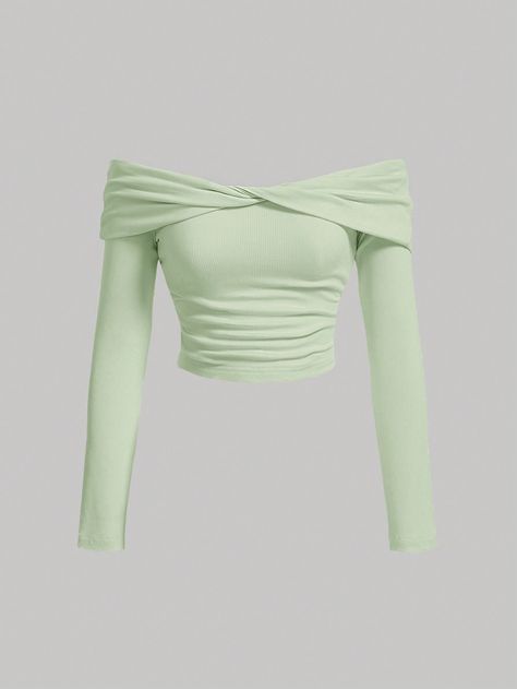 Mint Green  Collar Long Sleeve Knitted Fabric   Embellished Medium Stretch  Women Clothing Y2k Street Style, Spring Summer Capsule Wardrobe, Mode Zara, Shein Outfits, Twist Knot, Easy Trendy Outfits, Neutral Outfit, Women T Shirts, Really Cute Outfits