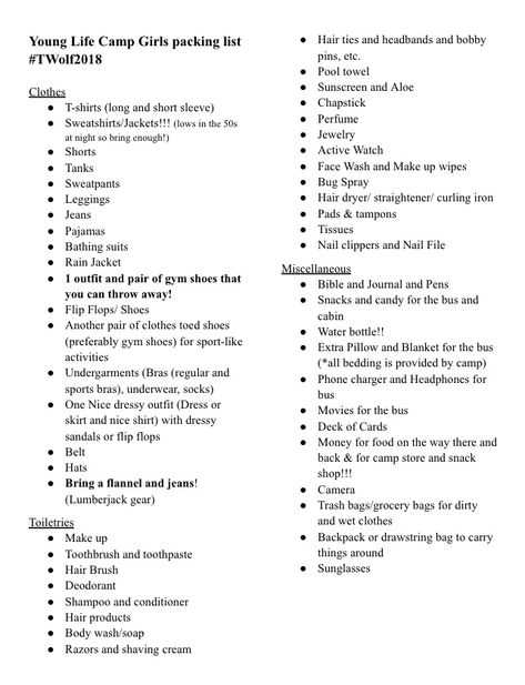 Young Life Camp Girls Packing List Packing List For School Camp, Summer Church Camp Packing List, Camp America Packing List, Packing List For Summer Camp, What To Pack For School Camp, Camp Essentials For Girls Summer, Camping Packing List Women, Church Camp Packing List For Teens, Younglife Camp Outfits