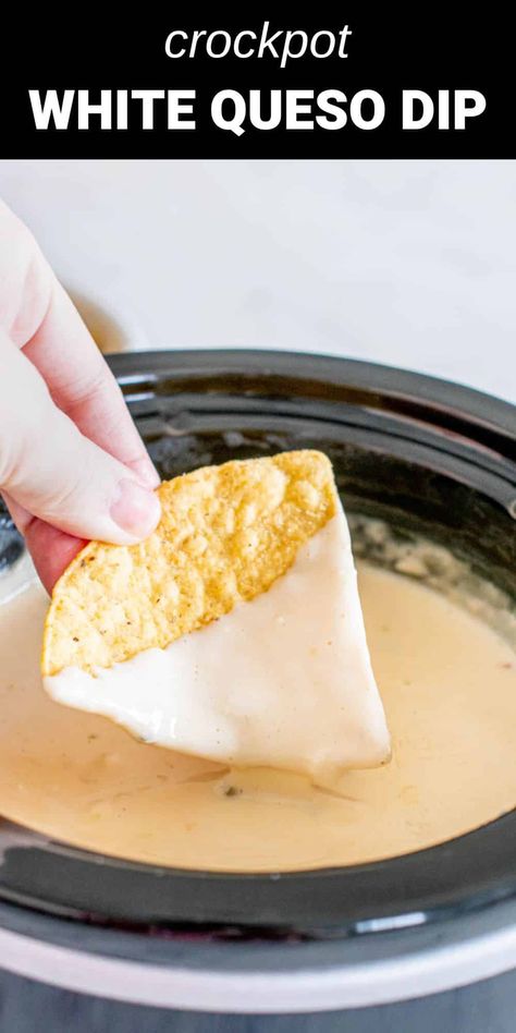 chip in crockpot with white queso dip Pepper Jack Cheese Queso, Authentic Cheese Dip, Crockpot White Cheese Dip, Queso Blanco Crockpot, Mexican Restaurant Cheese Dip Crock Pot, Queso With Pepper Jack Cheese, Queso With Monterey Jack Cheese, White American Cheese Queso, Restaurant Queso Dip