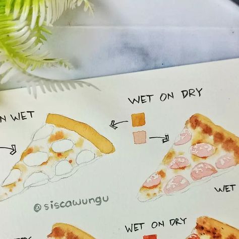 Sisca Wungu on Instagram: "A step by step tutorial for pizza lovers! 🍕 Give it a try, save this for later, or share this to your friends!  If you have any question about this tutorial, drop it in comment! 😉  #stepbysteppainting #watercolortutorial #stepbystepwatercolor #watercolorlesson #watercolorstepbystep #watercolorfood #watercolorforbeginners #easywatercolor #pizzapainting #pizzaillustration" Pizza Slice Drawing, Pizza Watercolor, Step By Step Watercolor, Watercolor Beginner, Watercolor Video, Watercolor Food, Watercolor Lessons, Any Question, Pizza Lovers