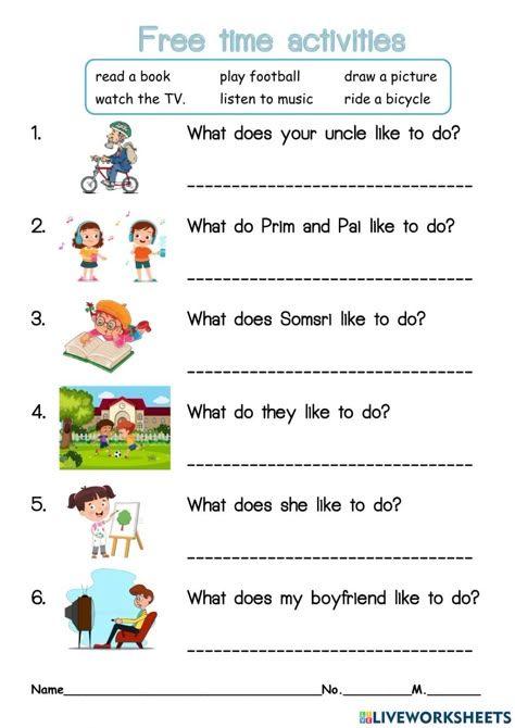 Free Time Activities Worksheets, Freetime Activities, Teach English To Kids, Teacher Motivation, Free Time Activities, Time Activity, English Activities For Kids, English Exercises, Teaching English Grammar