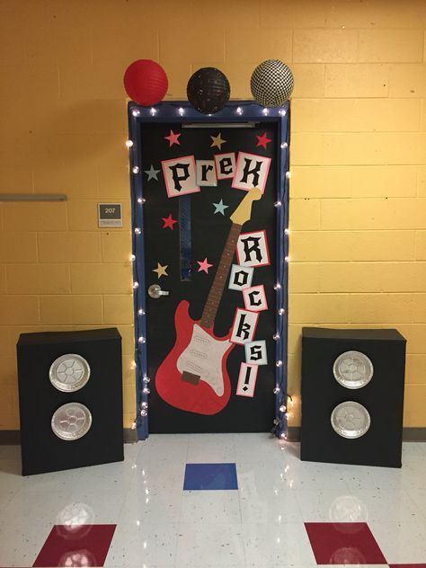 Star Classroom Decorations, Rockstar Classroom Transformation, Music Themed Classroom Decorations, Rock N Roll Classroom Door, 80s Classroom Door, Rock And Roll School Hallway, Rockstar School Theme, Our School Rocks Theme, Rock And Roll Door Decorations