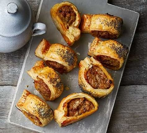 Caramelised onion & thyme sausage rolls Perfect Picnic Food, Caramelised Onion Chutney, Vegan Sausage Rolls, Sausage Rolls Recipe, Vegetarian Sausages, Caramelised Onion, Finger Foods Easy, Bbc Good Food, Vegan Sausage