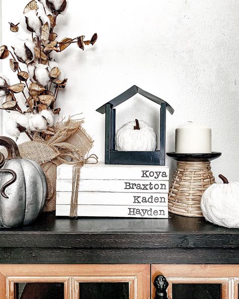 THE FARMHOUSE BLOG 🌿 on Instagram: “Fall decorating today with our new custom stamped books by @mamastayshome2 and of course some @hobbylobby decor!🍁🙌 What do you think? Have…” Stamped Books, Farmhouse Books, Decoration Pieces, Gift Display, Farmhouse Halloween, Books Vintage, Book Stamp, Decoration Piece, Custom Book