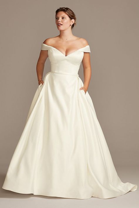 Off Shoulder Satin Gown Plus Size Wedding Dress | David's Bridal Satin Ball Gown Wedding Dress, Buy Wedding Dress Online, Plus Wedding Dresses, Wedding Dress Style, Plus Size Wedding Dress, Satin Ball Gown, Davids Bridal Wedding Dresses, Buy Wedding Dress, Gaun Fashion