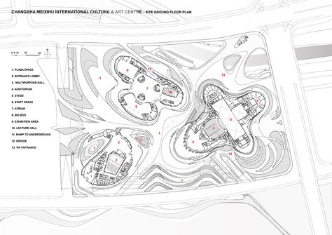 Zaha Hadid Architects - Changsha Meixihu International Culture And Arts Centre Zaha Hadid Plan, Zaha Hadid Projects, Folding Architecture, Museum Plan, Zaha Hadid Architecture, Multipurpose Hall, Contemporary Art Museum, Concept Models Architecture, Interior Design Plan