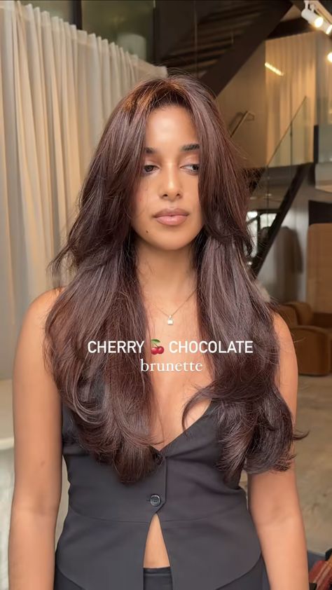 Cherry Red Brunette Hair, Brown Hair Color On Brown Skin, Brown Hair With Reddish Tint, Cherry Brown Highlights In Brown Hair, Dimensional Brunette Red, Cherry Cola Brunette Hair, Strawberry Chocolate Hair, Cherry Red Hair Brown Skin, Dark Skin Tone Hair Color Ideas