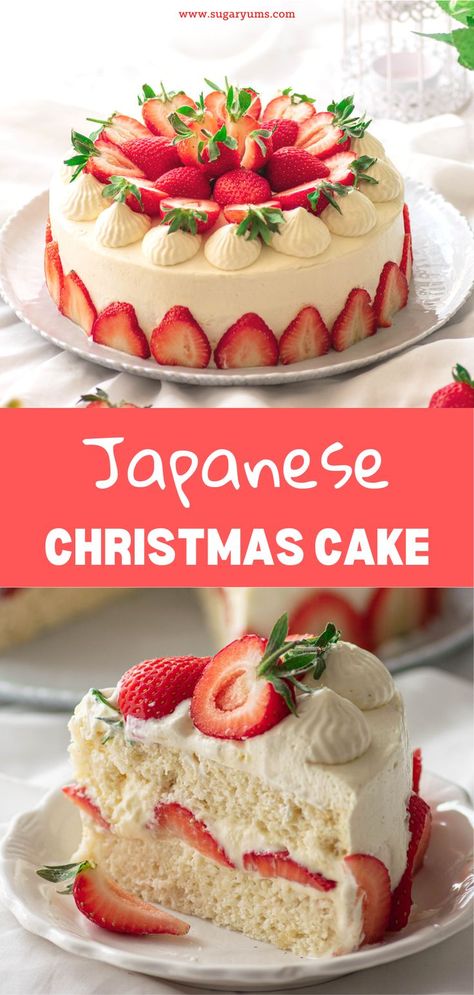 Japanese Christmas Cake decorated with strawberry slices Strawberry Shortcake Christmas, Christmas Cake Recipe Traditional, Japanese Strawberry Shortcake, Japanese Christmas Cake, Bunt Cake Recipe, Strawberry Cake Mix Cookies, Strawberry Cake Pops, Japanese Dessert Recipes, Japanese Christmas