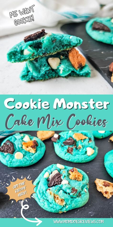 Cake Mix Cookie Monster Cookies - Mom Does Reviews Cookie Monster Cake Mix Cookies, Cake Mix Monster Cookies, Cookie Monster Fudge, Cookie Monster Cookies Recipe, Halloween Cake Mix Cookies, Vanilla Cake Mix Cookies, Monster Cookie Cake, White Cake Mix Cookies, Cake Cookies Recipe