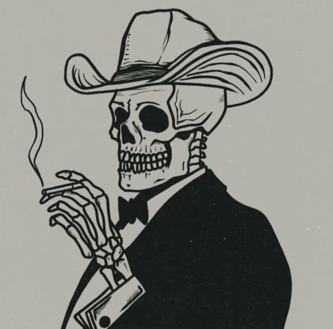 Western Cowboy Skeleton Tattoo, Vaquero Drawing, New Vegas Tattoo, Hell Tattoo Ideas, Skeleton Cowboy Tattoo, Cowboy Skull Tattoo, Joker Card Tattoo, Chest And Back Tattoo, Rockabilly Tattoos