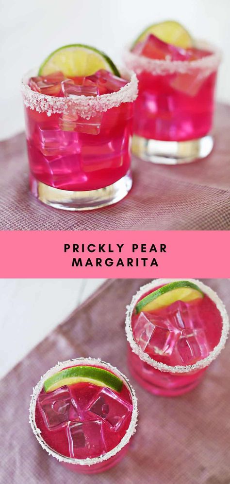 Prickly Pear Margarita - A Beautiful Mess Prickly Pear Syrup Recipe, Pear Syrup Recipe, Drink Essentials, Prickly Pear Recipes, Lotus Recipe, Pear Syrup, Pear Margarita, Spicy Margarita Recipe, Prickly Pear Margarita