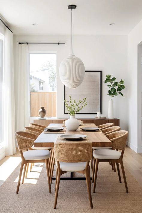 Dining Table Centerpiece: The 10+ Smartest, Simple Designs! Modern Dining Room Ideas Small, Minimal Home Style, Simple White House Interior, Dining Chair Inspiration, Dinning Room Design Modern Interiors, House Design Dining Room, Kitchen Dining Table Ideas, Dinning Room Decorations Ideas, Light Wood Dining Room Table