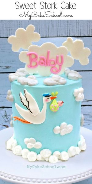 Adorable Stork Themed Baby Shower Cake Tutorial by MyCakeSchool.com! (Member Cake Decorating Video Section) via @mycakeschool Stork Cake, Storch Baby, My Cake School, Rodjendanske Torte, Stork Baby Showers, Decoration Patisserie, Fondant Baby, Cake Decorating Videos, Shower Cupcakes