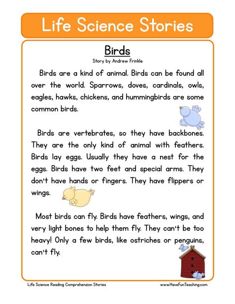 How to teach Reading Comprehension This Birds Life Science Reading Comprehension Worksheet will help your students build their reading comprehension skills while reading a non-fiction text about birds. Your students… Science Reading Comprehension, First Grade Reading Comprehension, Reading Comprehension For Kids, Teaching Reading Comprehension, Science Stories, Science Reading, Teach Reading, Have Fun Teaching, Reading Comprehension Skills