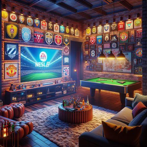 Experience the ultimate man cave, featuring a large flat-screen TV, neon sports signs, plush carpeting, leather recliners, a stocked minibar, and gaming console. Enjoy the dim lights and sports memorabilia that add a cozy feel to the room. #ModernManCave #SportsThemed #EntertainmentRoom #GamingSetup #HomeDesign #InteriorDecor Man Cave Ideas Sports, Sports Room Man Cave, Seoul Apartment, Football Man Cave, Neon Sports, Garage Hacks, Modern Man Cave, Cave Design, Sports Man Cave