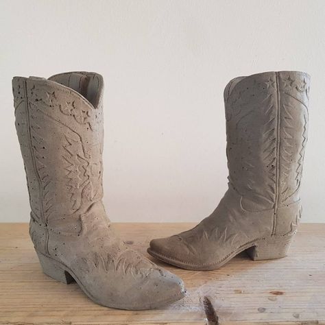 Ceramic Cowgirl Boot, Ceramic Shoes Sculpture, Cowboy Boot Ceramic, Western Clay Ideas, Cowboy Ceramics, Ceramic Cowboy Boot, Cowboy Boot Decor, Western Ceramics, Western Pottery