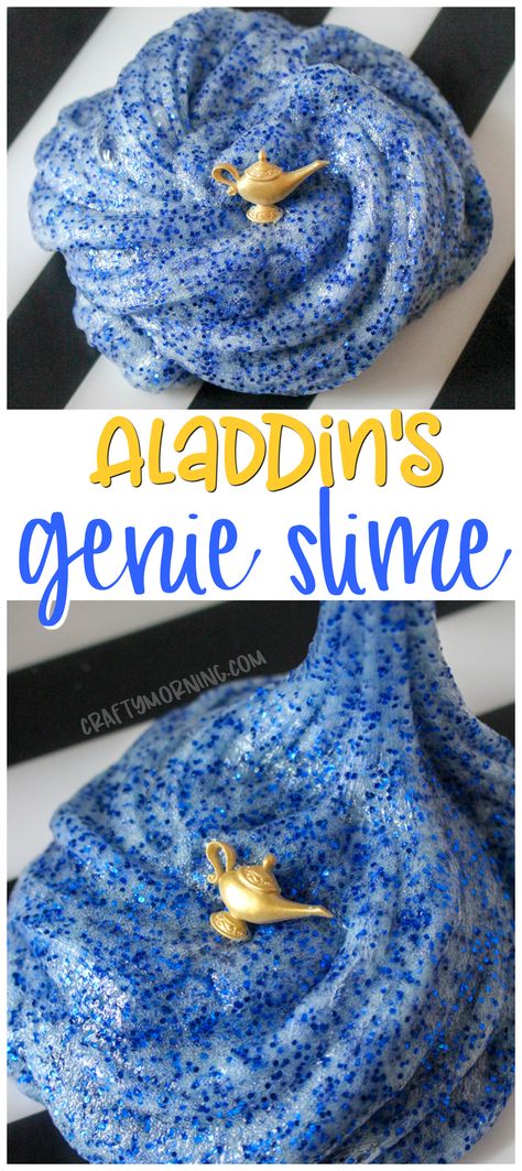 Make some genie slime from the movie Aladdin! Fun kids activity. Blue sparkly slime recipe to make with the kids. Disney Slime, Disney Crafts For Kids, Disney Parties, Slime Ideas, Disney Activities, Pretty Slime, Aladdin Genie, Slime Recipes, Slime Time