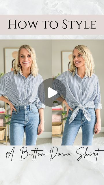 Katie Haller on Instagram: "Style Tip Tuesday!! 

I love button-down shirt, especially in spring. But styling them can be a bit tricky for some. 

Here are 2 ways I like to style my button-down shirts!

Comment LINK and I will send you the shopping details! 

Other ways to shop! 🛍️
• Download the free @shop.ltk app and search thriftywifehappylife for shopping details and sizing! 
• Go to the link page in my bio. Click on the “shop my LTK page” button.

#styletips #buttondownshirt #howtowearit #springstaples #springstyle #stripeshirt #howtostyle" Tiring A Button Up Shirt, Shirt Tying Hacks Button Up, Tucking In A Button Down Shirt, Different Ways To Button A Shirt, Ways To Button A Shirt, How To Wear Long Sleeve Button Up Shirts, How To Tie Button Up Shirt, Tuck In Button Down Shirt, Tying Button Down Shirt