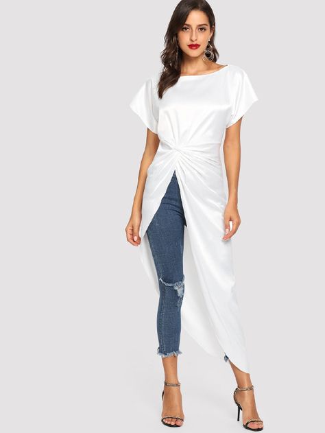 Twist Split Dip Hem Blouse -SheIn(Sheinside) Clothes Shein, Dip Hem Blouse, Asymmetrical Hem Top, High Low Blouse, Hem Blouse, Shein Dress, Ladies Dresses, Dresses Outfits, Belted Shirt Dress