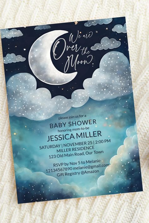 We are Over the moon galaxy baby shower editable template invitation digital download watercolor Galaxy Theme Baby Shower Ideas, Over The Moon Baby Shower Invitations, We Are Over The Moon Baby Shower Theme, Stars And Moon Baby Shower Ideas, Galaxy Baby Shower Ideas, Over The Moon Baby Shower Ideas Boy, Over The Moon Baby Shower Ideas, Peyton Baby, Galaxy Clouds