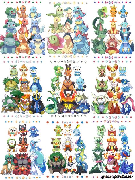 The grass, fire, water starters mons of all 9 Generations sitting together | Pokémon | Know Your Meme Pokemon Starter Evolutions, Pokemon Starter, Rayquaza Pokemon, Pokemon Original, Pokemon Names, Pokemon Sketch, Pokemon Starters, Pokemon Poster, Mega Pokemon