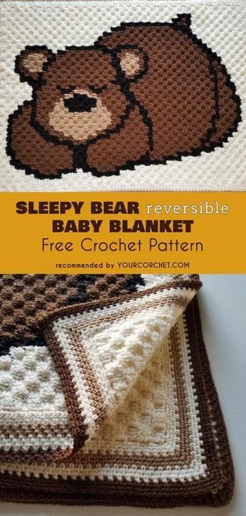 Crochet Moose Blanket Pattern Free, C2c Border, C2c Baby Blanket, Motifs Afghans, Baby Blanket Free Crochet Pattern, Bear Baby Blanket, Sleepy Bear, Crocheted Baby Blanket, Confection Au Crochet