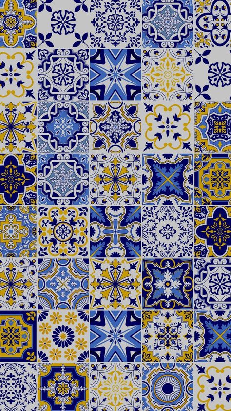 Dark Blue and Yellow Azulejo Phone Wallpaper Watercolor Tiles Pattern - Templates by Canva Mediterranean Wallpaper, Italian Tiles Pattern, Italian Pattern, Greek Pattern, Greek Blue, Wallpaper Watercolor, Mediterranean Tile, Tiles Pattern, Pattern Template