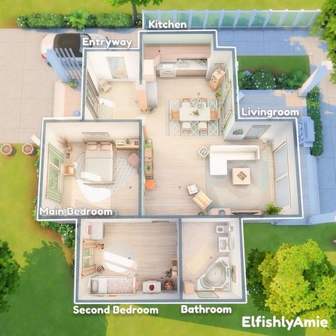 Small 1 Floor House Design, Sims4 Layout Floor Plans, Bloxburg Two Bedroom House Layout, Cute Small House Layout, One Story Sims House Layout, Small House Layout Sims 4, Small House Sims 4 Floor Plans, Sims Starter Home Floor Plans, Blockburg Layout