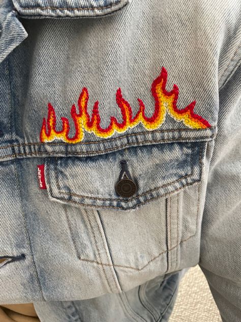 Flame Embroidery, Denim Jacket Embroidery, Hand Stitching Techniques, Painted Shorts, Diy Pants, Jacket Embroidery, Battle Jacket, Sewing Projects Clothes, Diy Clothes And Shoes