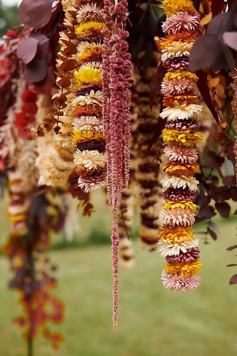 Preserved Helichrysum Garland Indian Floral Decor, Grass Centerpiece, Vintage Fall Decor, Dried Eucalyptus, Flower Curtain, Eclectic Wedding, Flower Guide, Lake Tahoe Weddings, Wedding Flower Decorations