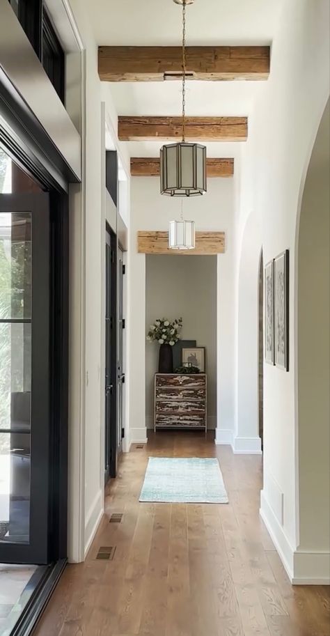 Master Suite Entrance, Hallway To Master Suite, Wood Beam Entryway, Bedroom Entrance, Porch Entry, Reno Ideas, Master Bedding, Master Bed, Coastal Cottage