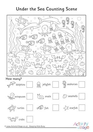 Under the Sea Counting Scene Worksheet Under The Sea Worksheets, Under The Sea Crafts, Ocean Theme Preschool, Activity Village, Shapes Worksheet Kindergarten, Sea Activities, Summer Camp Activities, Keeping Kids Busy, Ocean Activities