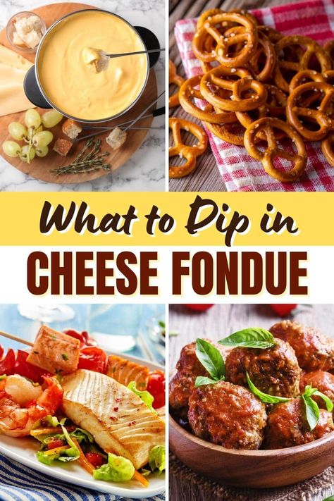 Curious about what to dip in cheese fondue? From crackers to steak bites to bell peppers, the dipping possibilities are truly endless. Cheesy Fondue Recipes, What To Dip In Fondue Cheese, Cheese Fondue Recipe Dippers, Cheese Fondue Fountain, Best Fondue Dippers, Fondue Party Ideas Cheese, Cheese Fondue Ideas Dippers, Dippers For Cheese Fondue, What To Dip In Chocolate Fondue