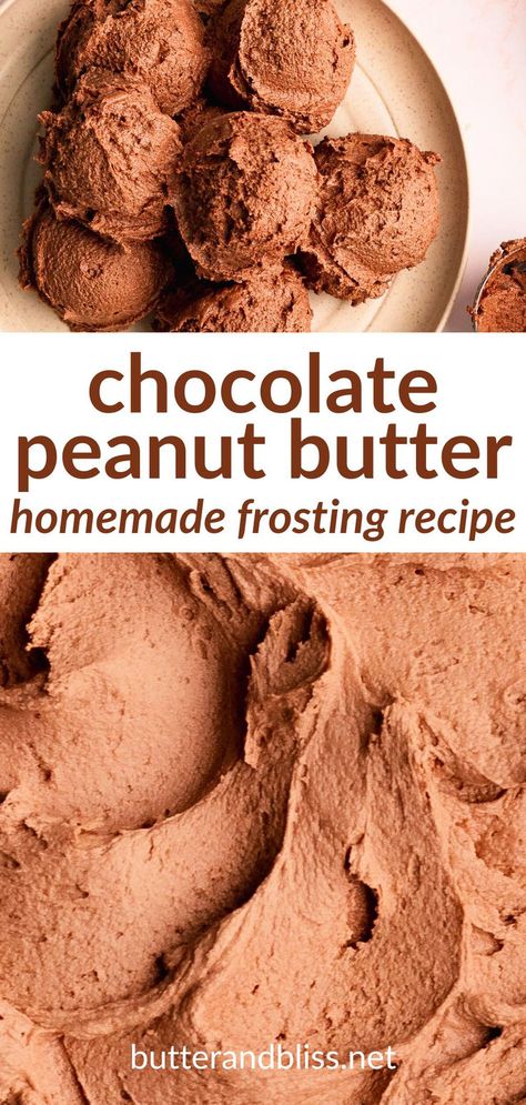 Scoops and swirls of chocolate frosting with text overlay that reads chocolate peanut butter homemade frosting recipe. Chocolate Peanut Butter Ganache Recipe, Chocolate Cake Frosting Ideas, Chocolate Peanut Butter Frosting, Homemade Frosting Recipes, Peanut Butter Icing, Lemon Buttercream Frosting, Icing Recipes, Frosting Recipes Easy, Glazed Doughnuts