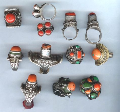 Group of Rings and Hair Rings from Tibet, Mongolia, N. Pakistan and Caucasia | Himalayan and Mongolian rings except lower row middle, is Caucasian from Dhaghestan and first row pair are from Pakistan | ©Linda Pastorino Hippy Rings, Global Bohemian, Ethnic Rings, Tibetan Jewelry, Coral Jewelry, Ancient Jewelry, Hair Rings, Mongolia, Ethnic Jewelry