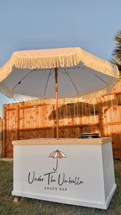 Under The Umbrella Snack Bar 📍Brownsville, TX Umbrella Snack, Bar With Umbrella, Mobile Bar Cart, Cocktail Business, Mobile Cocktail Bar, Mobile Bartending, Big Umbrella, Mobile Cart, Taco Stand