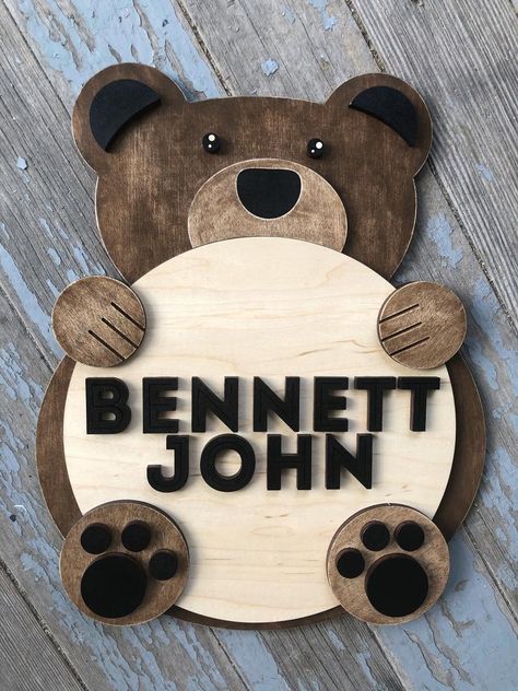 Teddy Bear Hospital Door Hanger, Woodland Bear Nursery, Brown Bear Nursery, Baby Bear Nursery Theme, Boy Nursery Bear Theme, Baby Signs Wooden, Baby Boy Teddy Bear Nursery, Teddy Bear Themed Nursery, Wood Name Signs Nursery