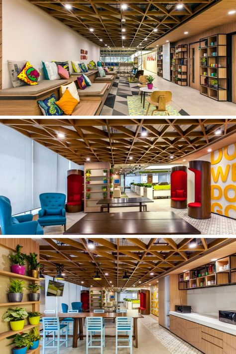 Modern Office space design with colourful eclectic style interiors Modern Office Space Design, Ceiling Pattern, Cool Office Space, Commercial And Office Architecture, Modern Office Space, Office Interior Design Modern, Corporate Office Design, Office Space Design, Office Designs