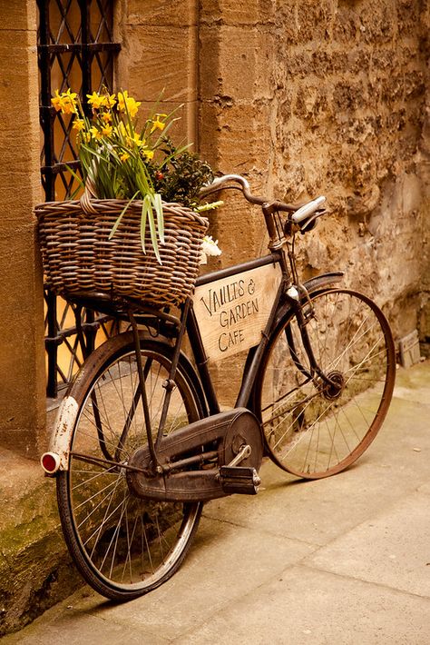 Bicycle With Flowers, Bicycle Cafe, Bicycle Pictures, Cafe Sign, Velo Vintage, Bicycle Basket, Old Bicycle, Oxford England, Bike Basket