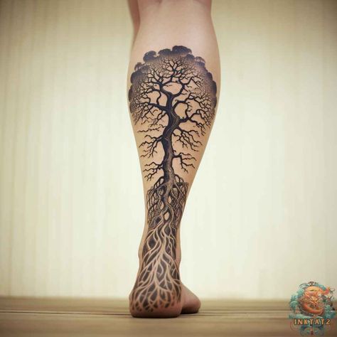 Large Tree Tattoos For Women, Tree Shin Tattoo, African Tree Of Life Tattoo, Tree Of Life Tattoo Viking, Tree Of Life Leg Tattoo, Celtic Leg Sleeve Tattoo, Tree Of Life Tattoo Men Leg, Calf Tree Tattoo, All Leg Tattoo