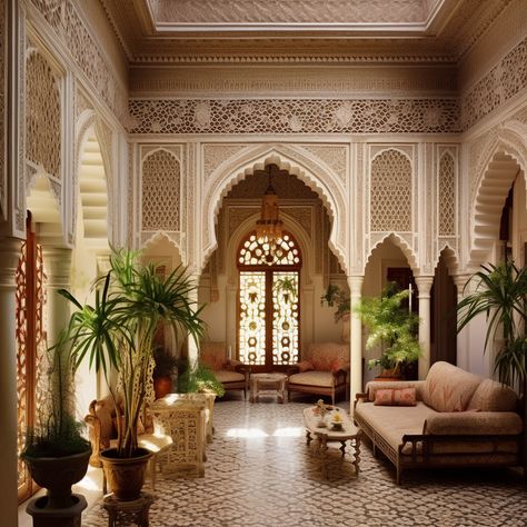 Indian House Architecture Design, Arabic Room Design, Traditional Moroccan House, Interior Indian Style, Indian Architecture Homes, Arabic Style House, Traditional Indian Houses Interior, Arabian House Design, Arab House