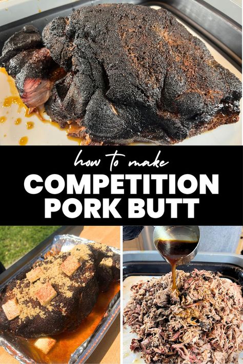 Three image collage of smoked pork butt and smoked pulled pork. Competition Pulled Pork, Pulled Pork Smoker Recipes Pit Boss, Smoked Pork Butts On Electric Smoker, Best Smoked Pulled Pork Recipe, Smoked Pork But, Smoked Pork Butts, Smoked Pork Butts On Pellet Grill, Smoked Pulled Pork Recipe Traeger, Electric Smoker Pulled Pork