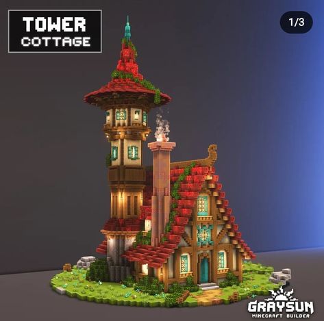 Minecraft Fantasy House With Tower, Minecraft Tower Layout, Minecraft Tower House Ideas, Minecraft Fantasy Builds Tower, Magical Tower Minecraft, Enchanted Library Minecraft, Minecraft Tower Ideas Cottagecore, Minecraft Wizard Tower Interior, Minecraft Fantasy Library