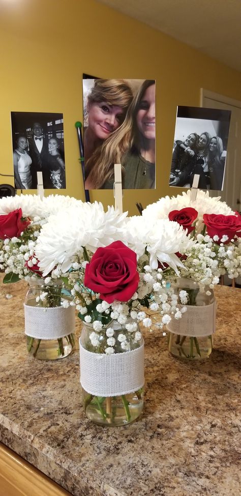 Red Roses Centerpieces Grad Party, Red White Party Decorations, Red Black Silver Graduation Party, Red And White Themed Party, Table Centerpieces For Reunion, Black Red And White Wedding Decorations, Red And Gold Graduation Decorations, Red Roses Graduation Party, Red And White Graduation Decorations